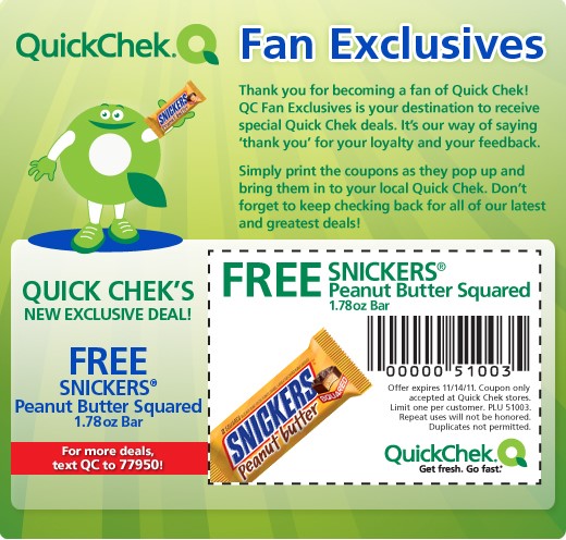 Free Snickers Peanut Butter Squared Bar at Quick Chek