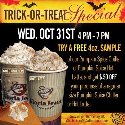 Free 10/31 Gloria Jean's Pumpkin Spice Chiller Or Latte