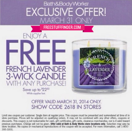 Free French Lavender 3-Wick Candle at Bath & Body Works (with purchase) 3/31 Only