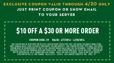 $10 Off $30 Order at Olive Garden