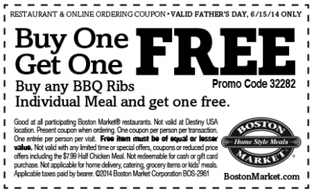 BOGO Free BBQ Ribs Meal at Boston Market