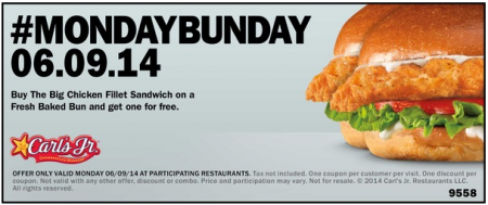 BOGO Free Big Chicken Fillet at Carl's Jr (Today Only)