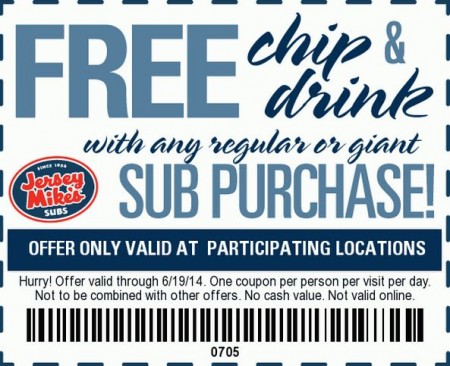 Free Chips and Drink at Jersey Mikes with Purchase
