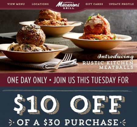 $10 Off $30 Macaroni Grill To-Go Order Coupon (Ends 10/17)