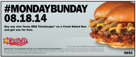 BOGO Free Texas BBQ Thickburger at Carl's Jr (Today Only) 