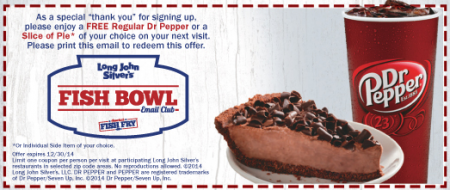 Free Dr Pepper or Slice of Pie at Long John Silver's