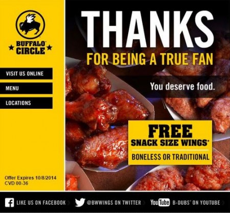 Free Snack Size Wings at Buffalo Wild Wings