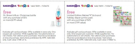 Free Dr Brown’s Christmas Bottle & Holiday Diapers with Purchase at Toys R Us