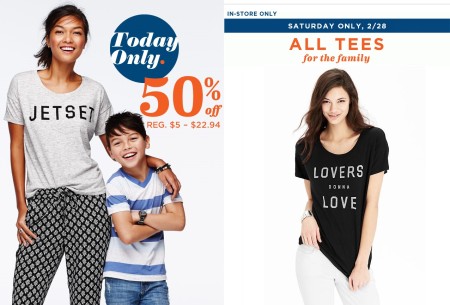 50% Off All Tees at Old Navy (Until 1PM)