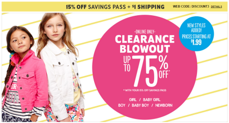 75% Off Clearance Sale + $1 Shipping at The Children's Place