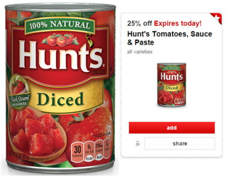 *New* 25% Off Hunt’s Tomatoes Cartwheel Offer (Today Only)
