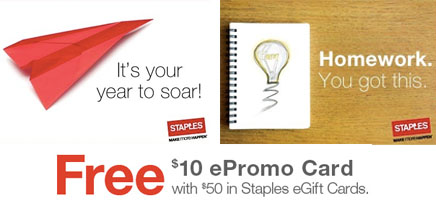 Free $10 Staples Promo Card wyb $50 Staples eGift Card