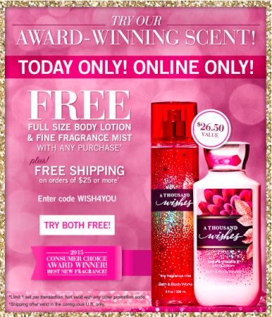 *HOT* Free Full Size Body Lotion & Fragrance Mist w/ Any Purchase at Bath & Body Works (10/20 Only)