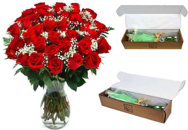 $64.98 3-Dozen Red Roses With Vase + FREE Delivery