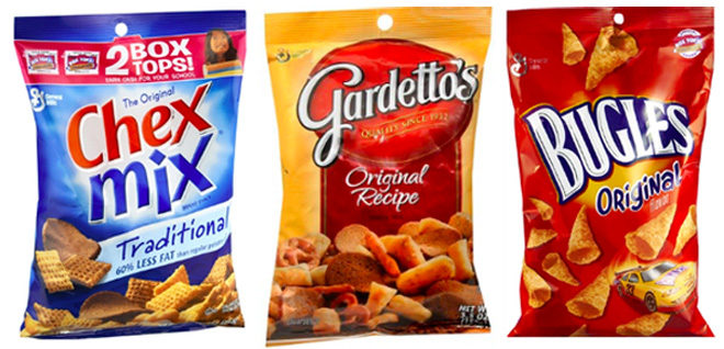 Bags of three kinds of snacks Chex Mix, Bugles and Gardetto's