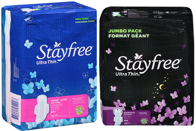 Two different packs of Stayfree pads