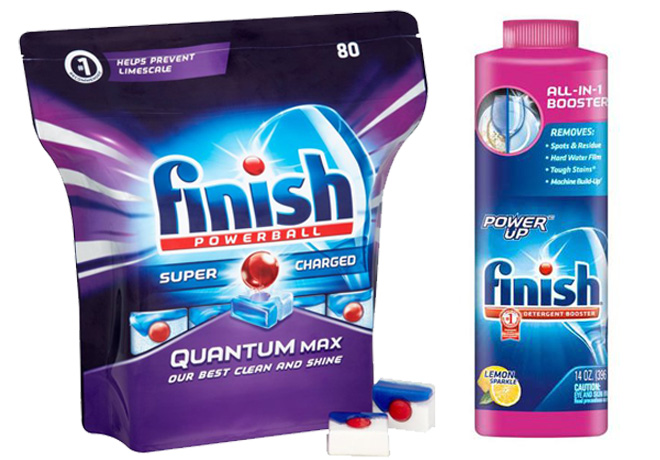 Bag and bottle of Finish dishwasher products