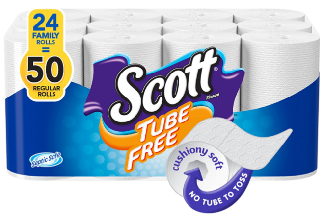 $9.79 Scott Tube Free Toilet Paper 24-Count + FREE Shipping ($0.41 Per Family Size Roll!)