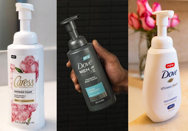 $3.75 in Dove & Caress Shower Foam Coupons + Store Deals Next Week