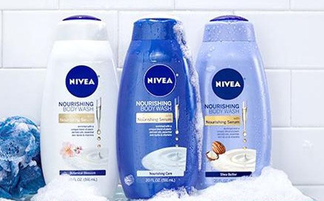 Three Different Varieties of Nivea Body Wash on a White Tile Background