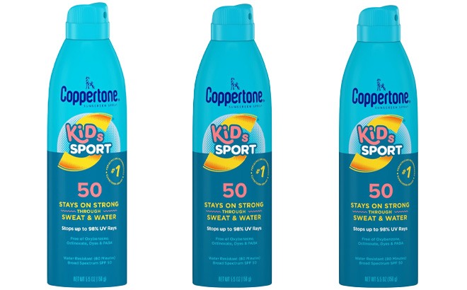 Three Coppertone Kids Sport Sunscreen on a White Background