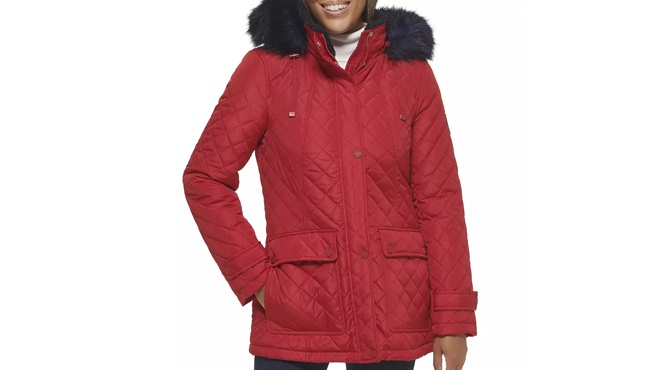 Tommy Hilfiger Womens Faux Fur Trimmed Jacket